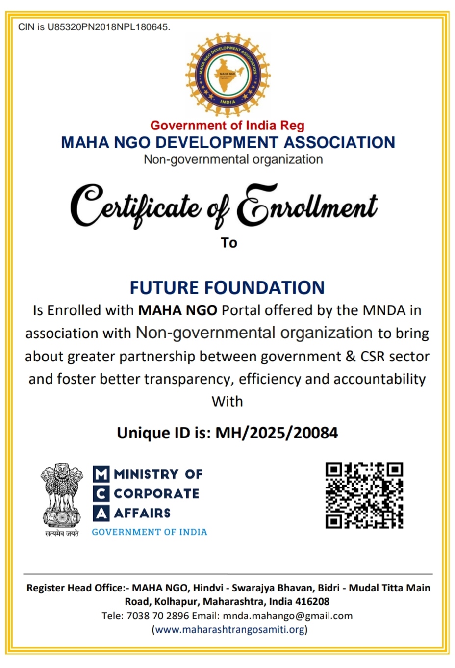 MAHA NGO Certificate